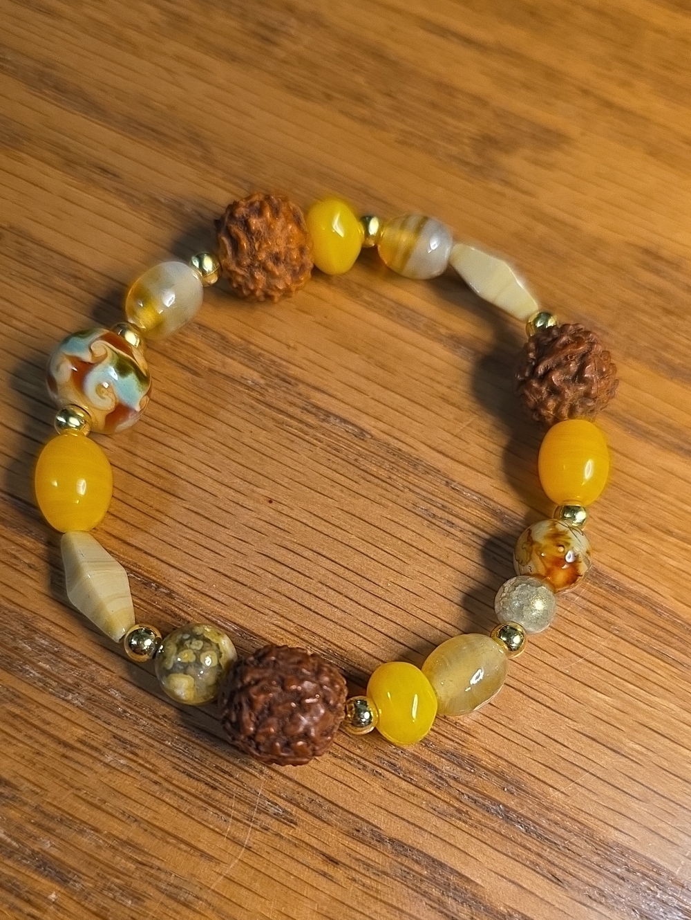 Yellow and Brown Mixed-Bead Stretch Bracelet with Gold Accents